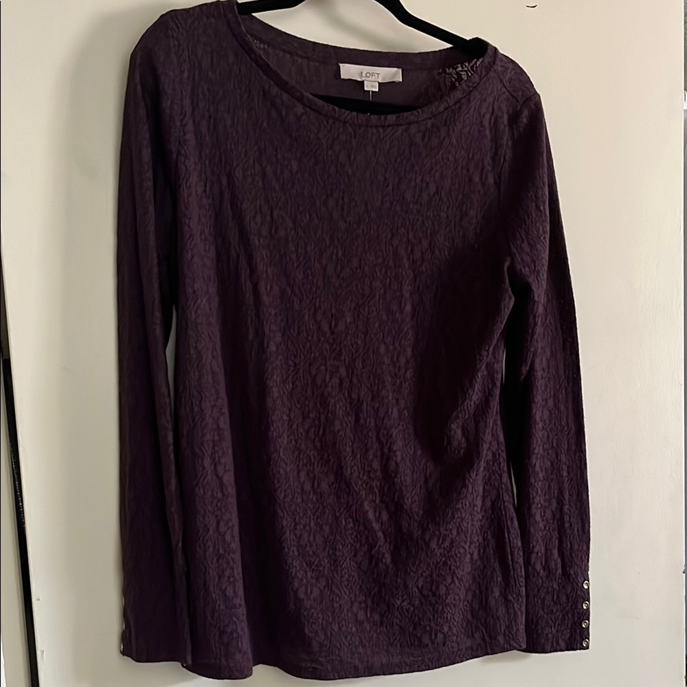 NWT Loft dark purple lace long sleeve shirt with gold button cuff detail